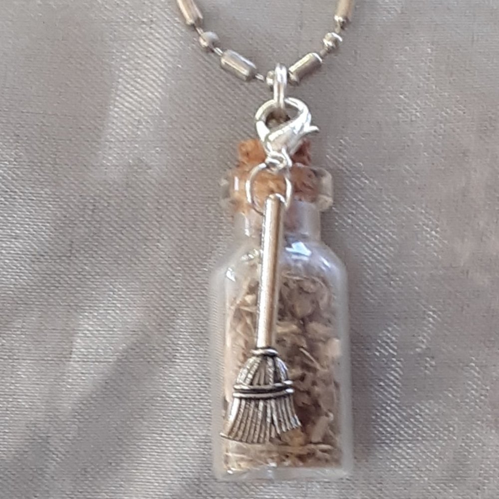 COPY- Wormwood Glass Bottle Necklace 3D Witch Hat Broom Zipper Pulls Handmade - Picture 2 of 7